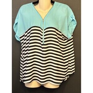 Vtg Absolute Angel Striped Black White Turquoise Zip Top Blouse Women’s 1XL C3